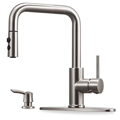 Kitchen Faucet with Pull Down Sprayer and Soap Dispenser Single Handle Stainless Steel Brushed Nickel High Arc Pull Out Kitchen Sink Faucets with Deck Plate - peppermin