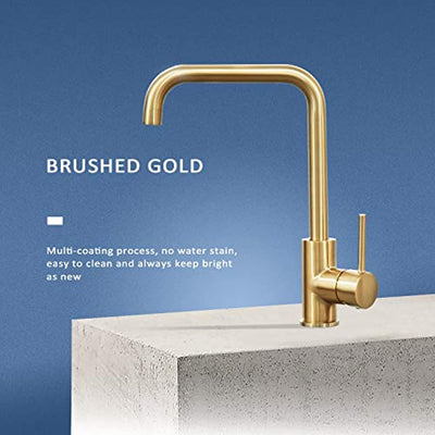 Kitchen Faucet Brushed Gold Single Handle Stainless Steel Kitchen Bar Sink Faucet Square with Deck Plate